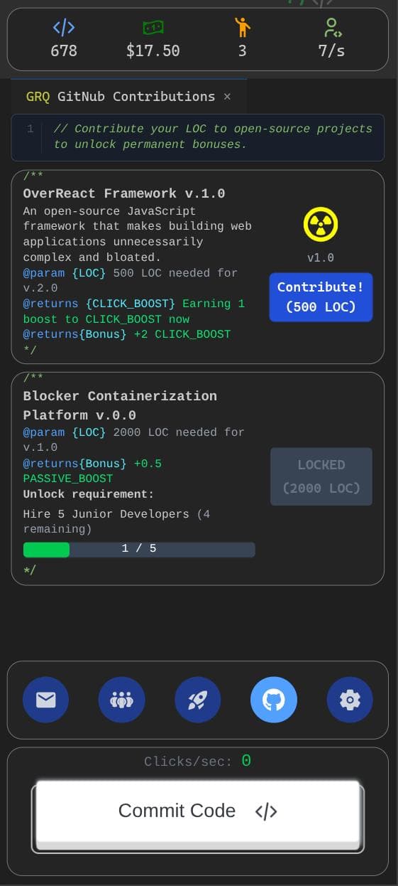 Git Rich Quick on a phone: the GitNub Contributions panel with the OverReact Framework contribution ready at 500 LOC and the Blocker Containerization Platform locked at 2000 LOC, with 678 lines of code earned and the Commit Code control.