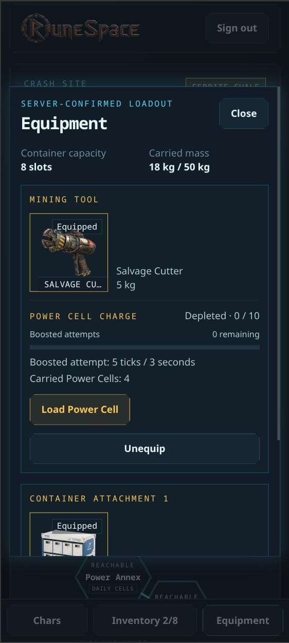 RuneSpace on a phone: the equipment screen over the crash-site view, showing a server-confirmed loadout with a depleted salvage cutter, a power-cell charge, eight equipment slots, and 18 of 50 kilograms of carried mass.